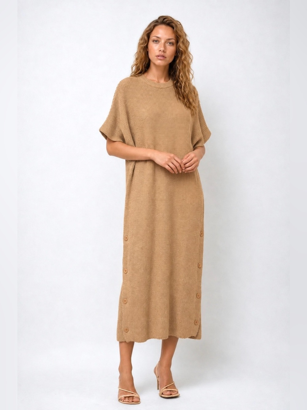 KISA Camel Knit Sweater Dress Maxi Wool Slit L - Picture 2 of 10